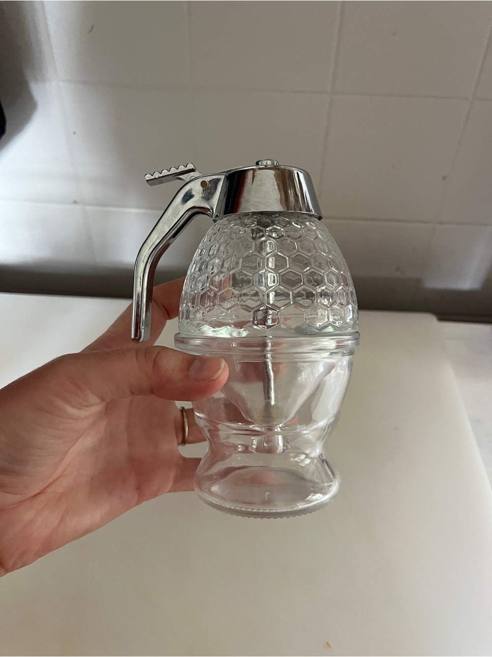 Glass Honey Dispenser with Chrome Pour Lid - Clear - Picture 4 of 4